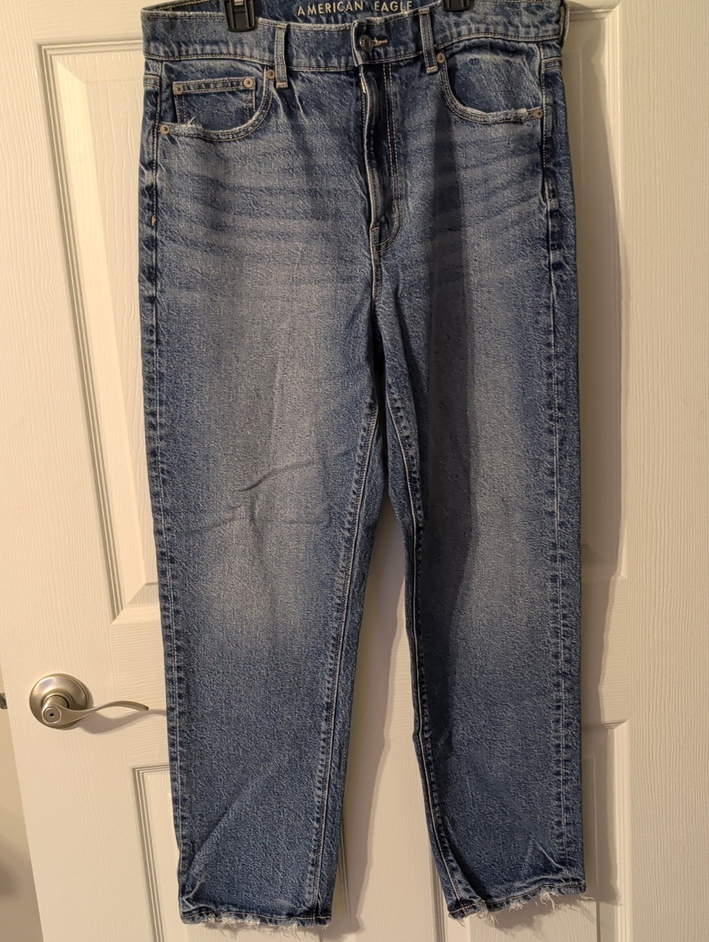 American Eagle Outfitters Light Blue Straight Leg Jeans with Frayed Hem